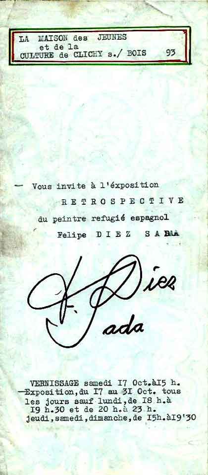 Felipe Diez Sada - Exposition Maison des jeunes Clichy s/.Bois - invitation 3 volets 11 x 25 cm - collection Michel Nau Felipe Diez Sada - Exposition Maison des jeunes Clichy s/.Bois - invitation 3 volets 11 x 25 cm - collection Michel Nau