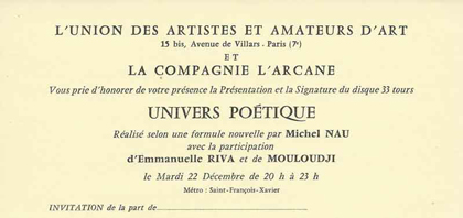 Univers Poétique - La Compagnie l'Arcane
Michel Nau - Emmanuelle Riva - Mouloudji Univers Poétique - La Compagnie l'Arcane Michel Nau - Emmanuelle Riva - Mouloudji